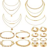 Tiamon 12 Pcs 90s Silver Gold Jewelry Set for Women Men 4 Earring Sets 4 Necklace 4 Bracelets for Girl Punk